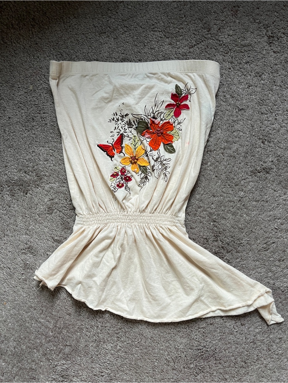 Women’s Cream Strapless Peplum Top with Floral Embroidery